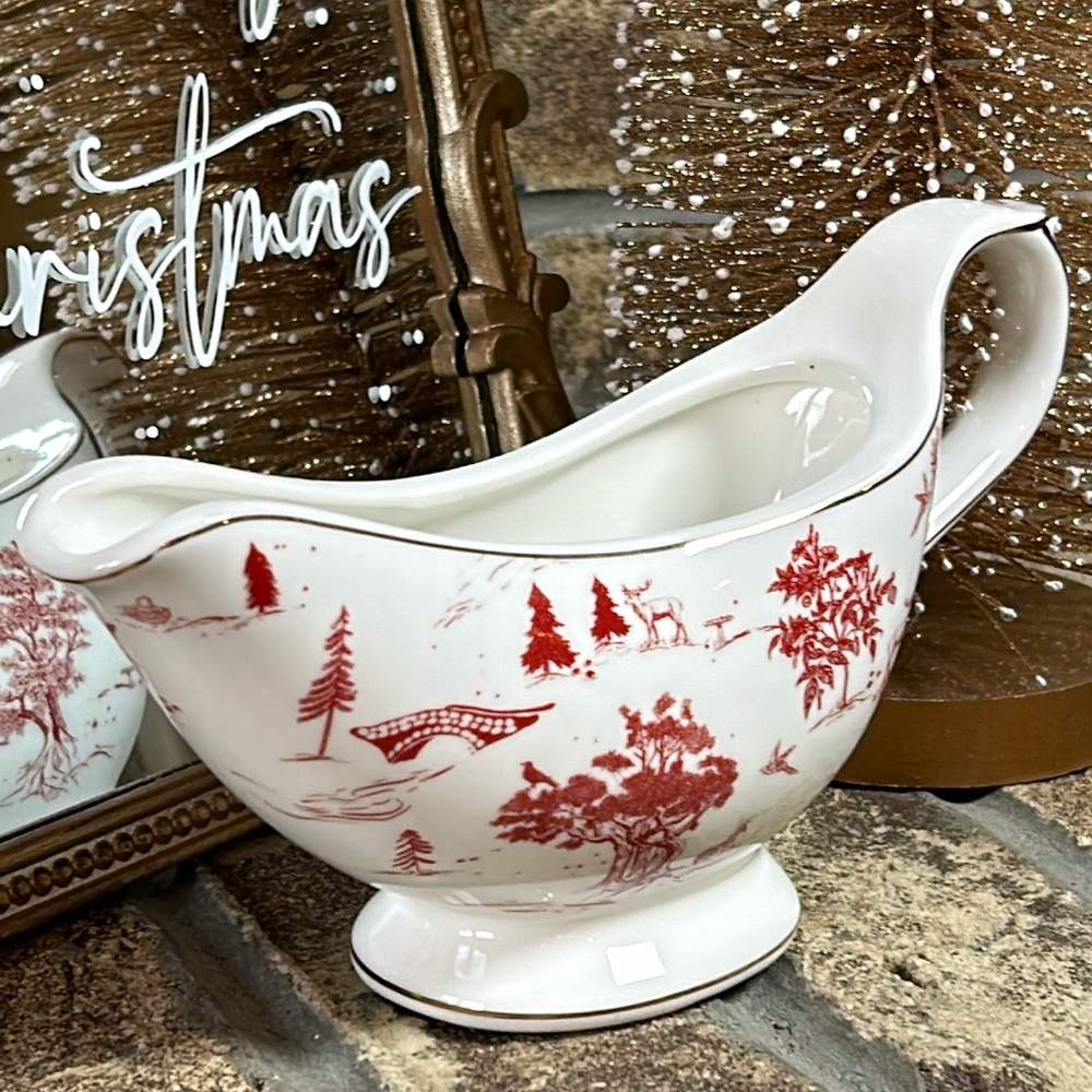 NEW! Winter Holiday Shabby Chic Christmas Woodland Village Ceramic Gravy Boat